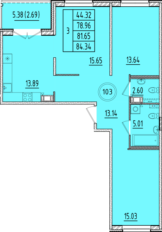 3-комнатная квартира, 78.96 м² - планировка, фото №1