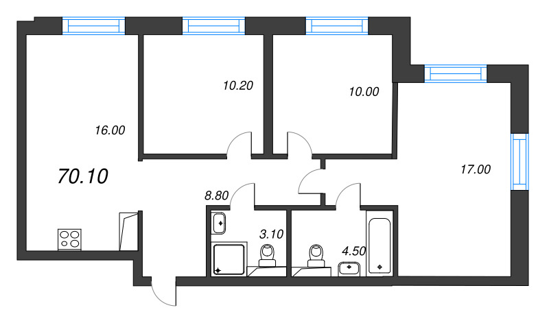 4-комнатная (Евро) квартира, 70.1 м² - планировка, фото №1