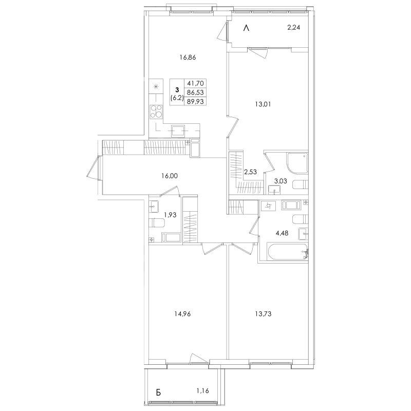 4-комнатная (Евро) квартира, 89.93 м² - планировка, фото №1