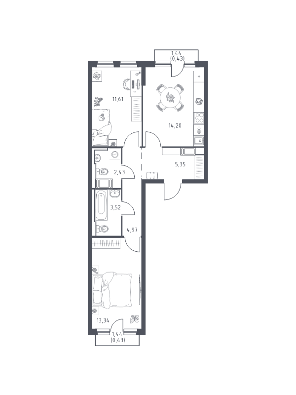 2-комнатная квартира, 56.28 м² в ЖК "Новое Колпино" - планировка, фото №1