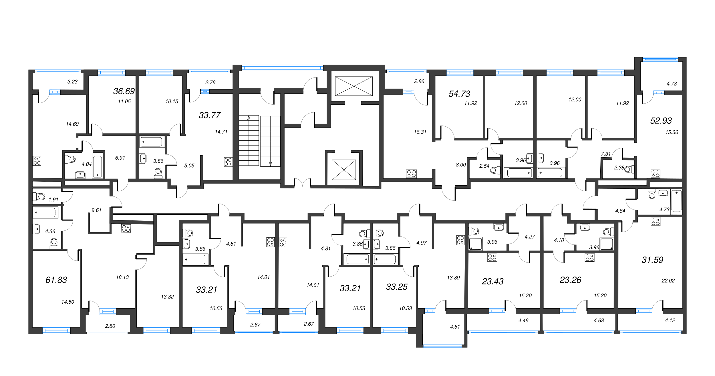 3-комнатная (Евро) квартира, 61.83 м² - планировка этажа
