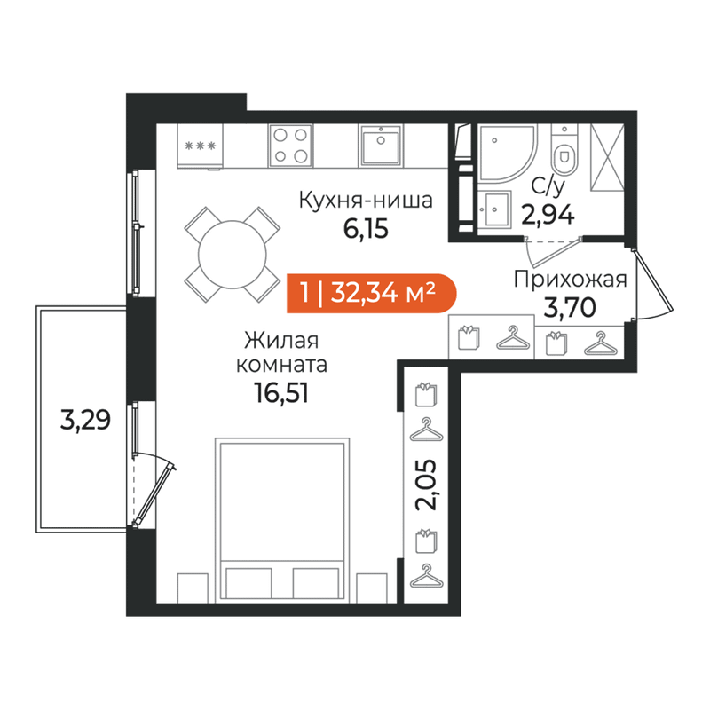 Квартира-студия, 32.34 м² в ЖК "Алгоритм Квинта" - планировка, фото №1