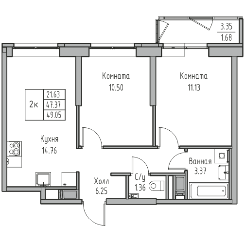 2-комнатная квартира, 49.05 м² в ЖК "Юнтолово" - планировка, фото №1