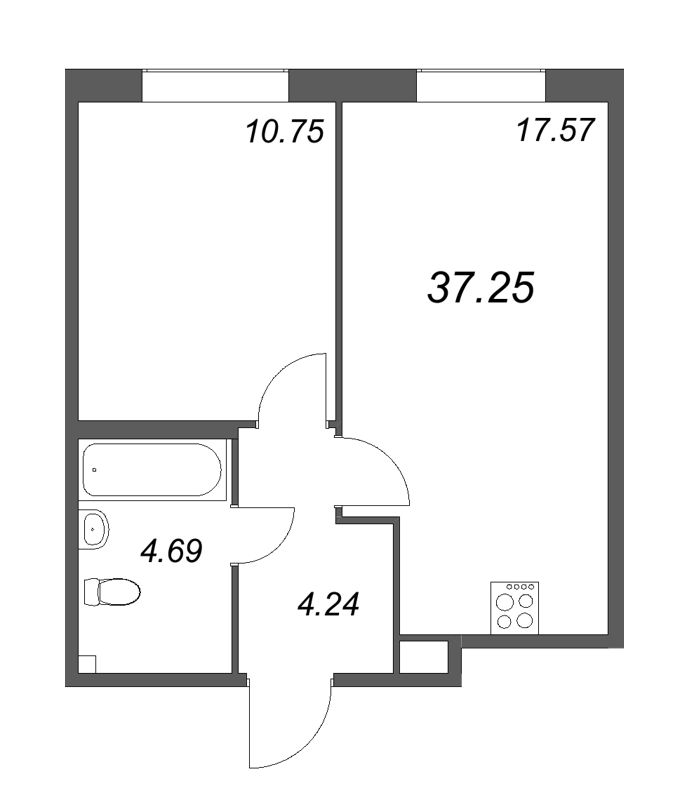 2-комнатная (Евро) квартира, 37.25 м² - планировка, фото №1
