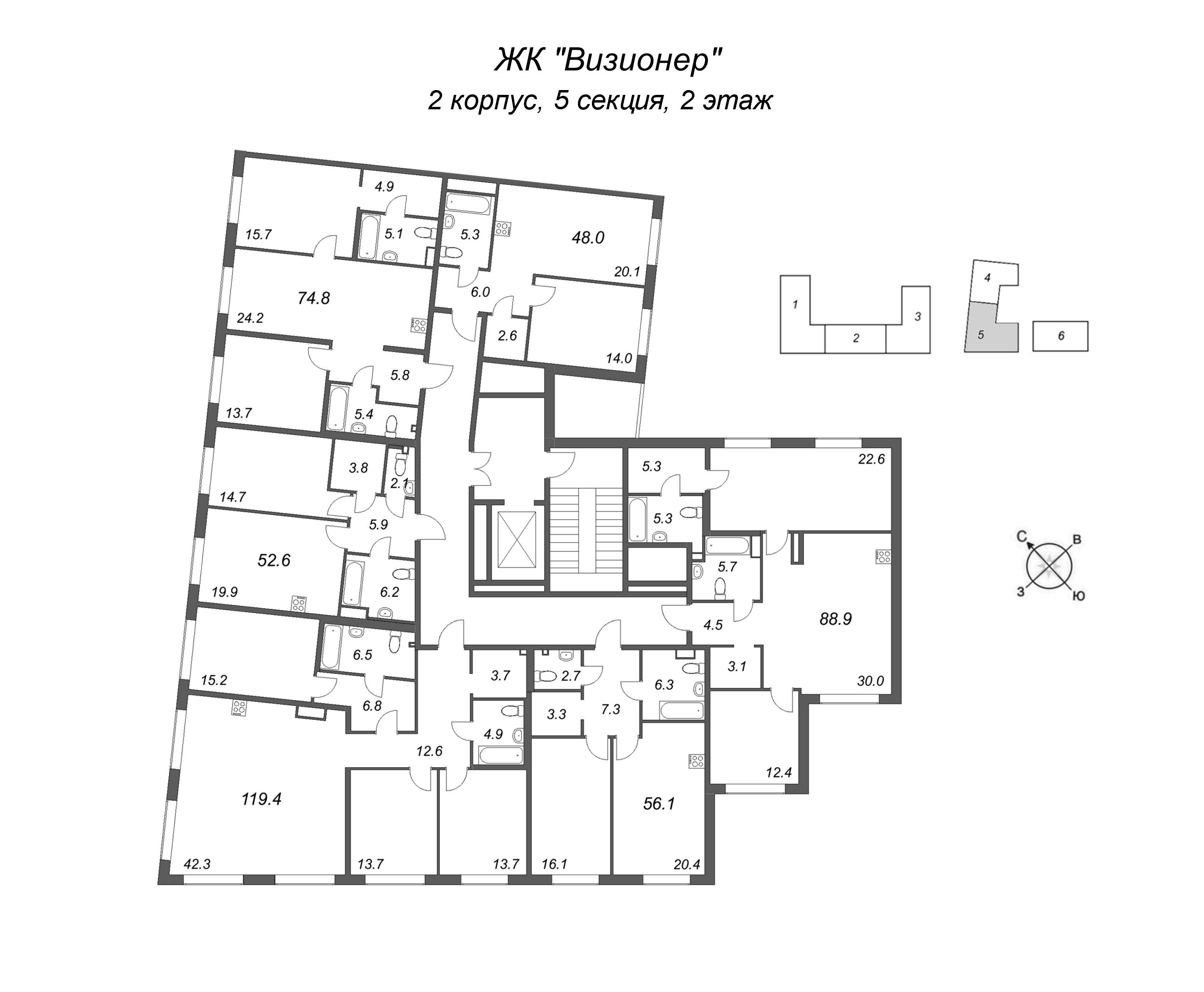 2-комнатная (Евро) квартира, 52.5 м² в ЖК "Визионер" - планировка этажа