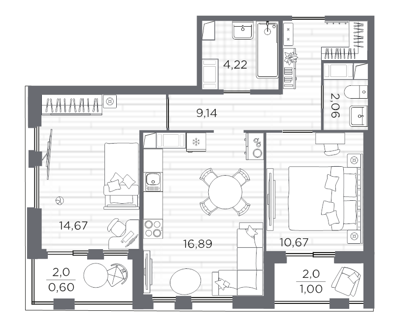 3-комнатная (Евро) квартира, 59.25 м² в ЖК "Respect" - планировка, фото №1