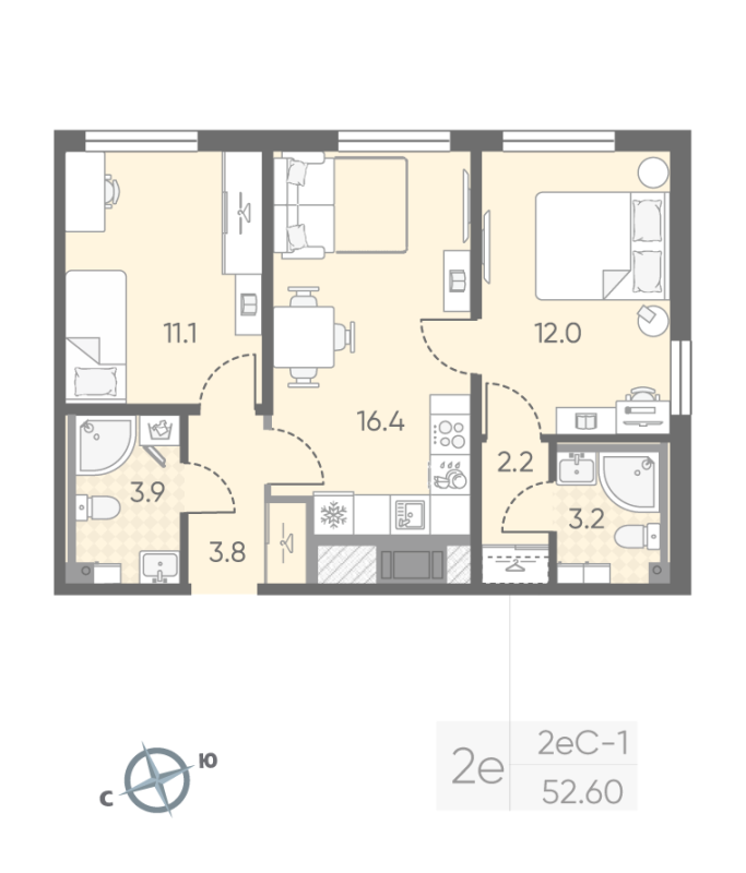 3-комнатная (Евро) квартира, 52.6 м² - планировка, фото №1