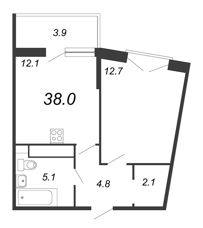 1-комнатная квартира, 38.3 м² в ЖК "Квартал Che" - планировка, фото №1