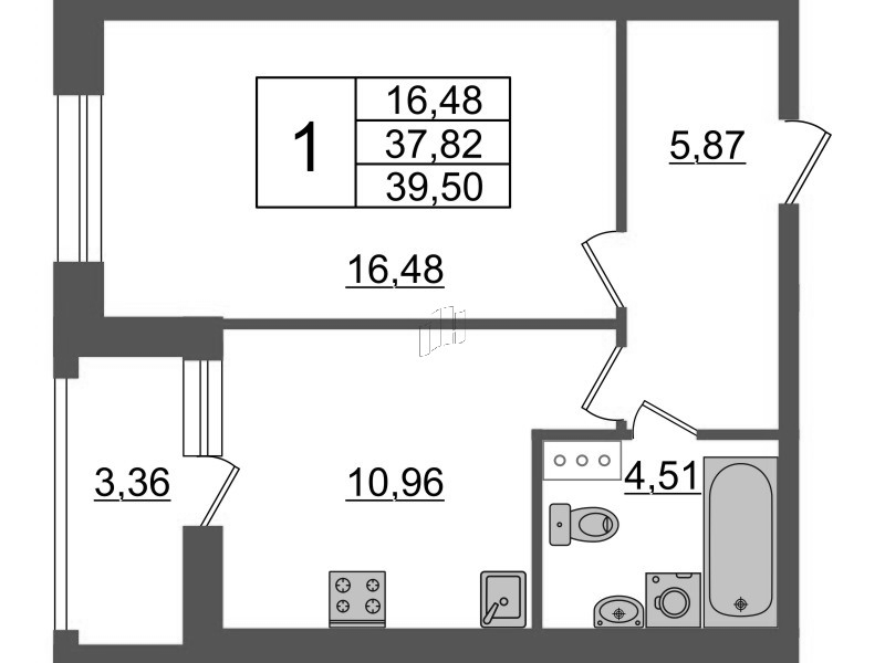 1-комнатная квартира, 39.5 м² - планировка, фото №1 1-комнатная квартира, 39.5 м² - планировка, фото №1