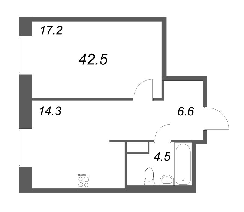 1-комнатная квартира, 42.5 м² в ЖК "Моисеенко 10" - планировка, фото №1