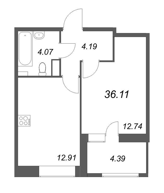1-комнатная квартира, 36.11 м² - планировка, фото №1