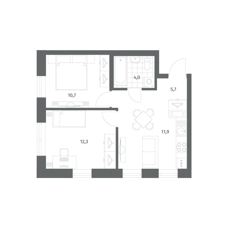 2-комнатная квартира, 44.78 м² в ЖК "NewПитер 2.0" - планировка, фото №1