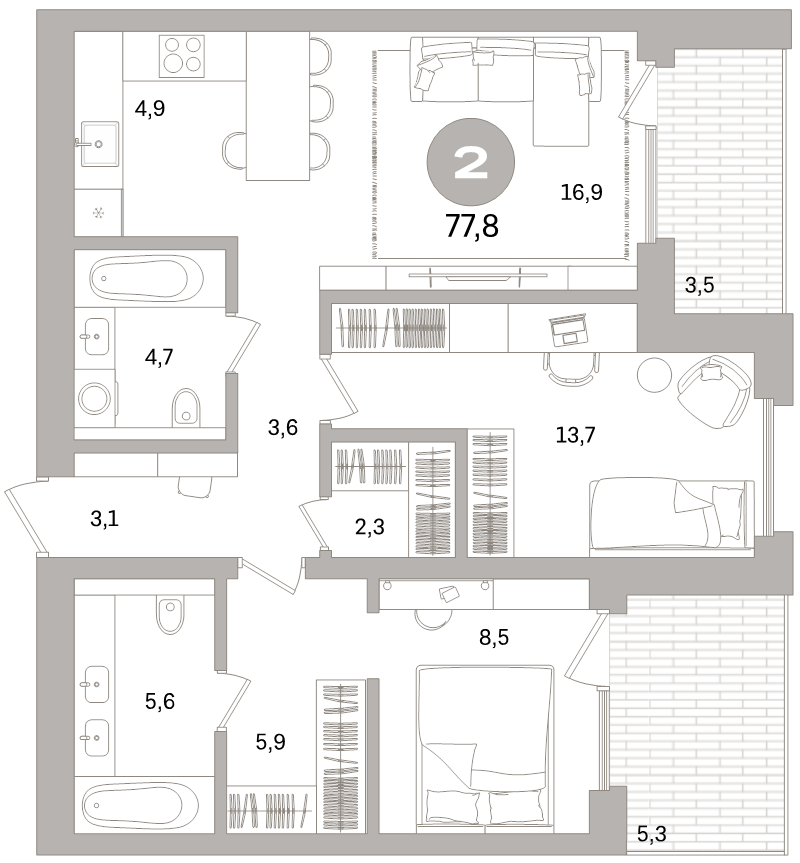 3-комнатная (Евро) квартира, 77.8 м² - планировка, фото №1