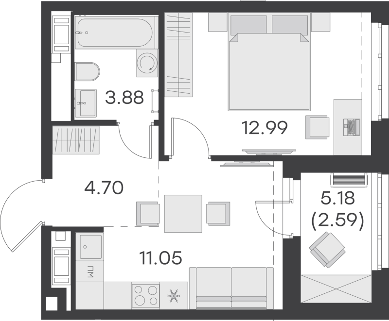 1-комнатная квартира, 35.21 м² - планировка, фото №1