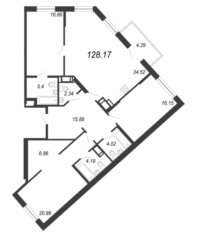 4-комнатная (Евро) квартира, 127.9 м² - планировка, фото №1