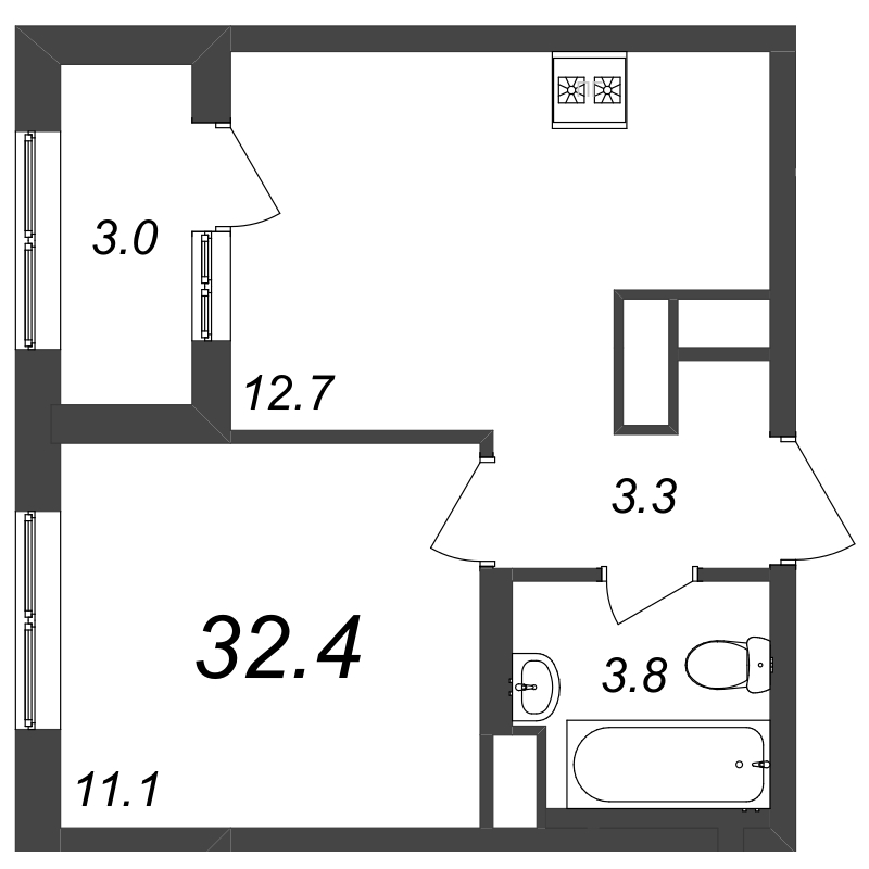 1-комнатная квартира, 32.4 м² - планировка, фото №1