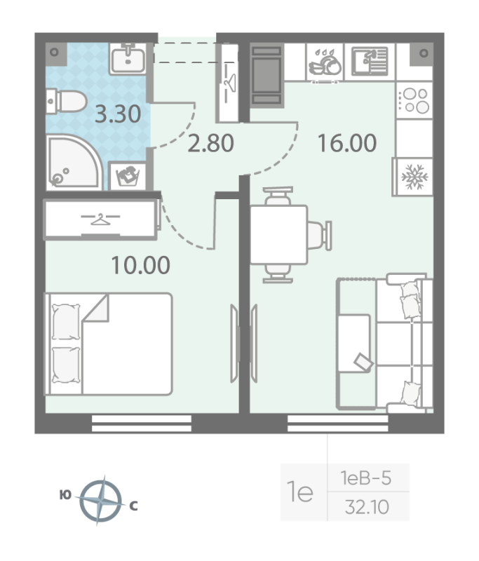 1-комнатная квартира, 32.1 м² - планировка, фото №1