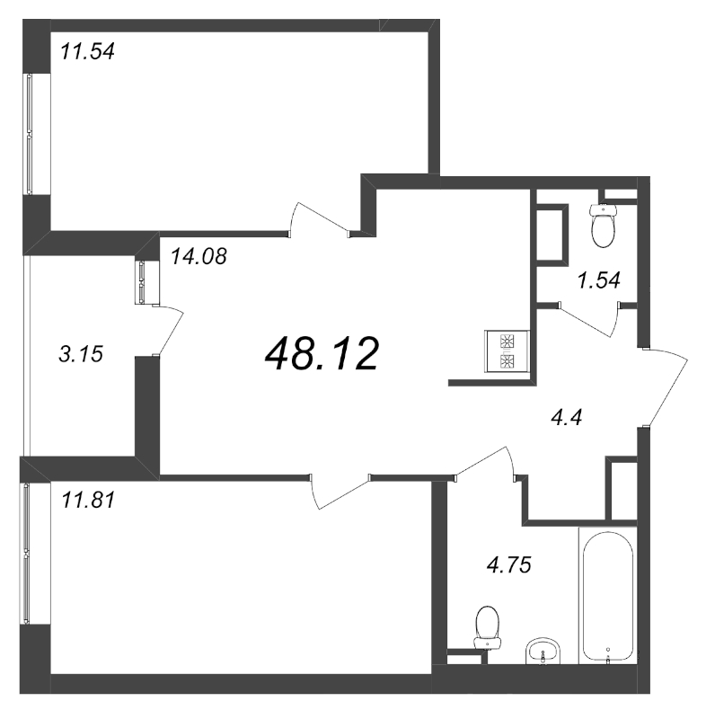 2-комнатная квартира, 48.12 м² - планировка, фото №1