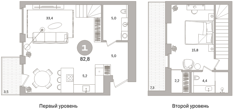 2-комнатная (Евро) квартира, 82.8 м² - планировка, фото №1