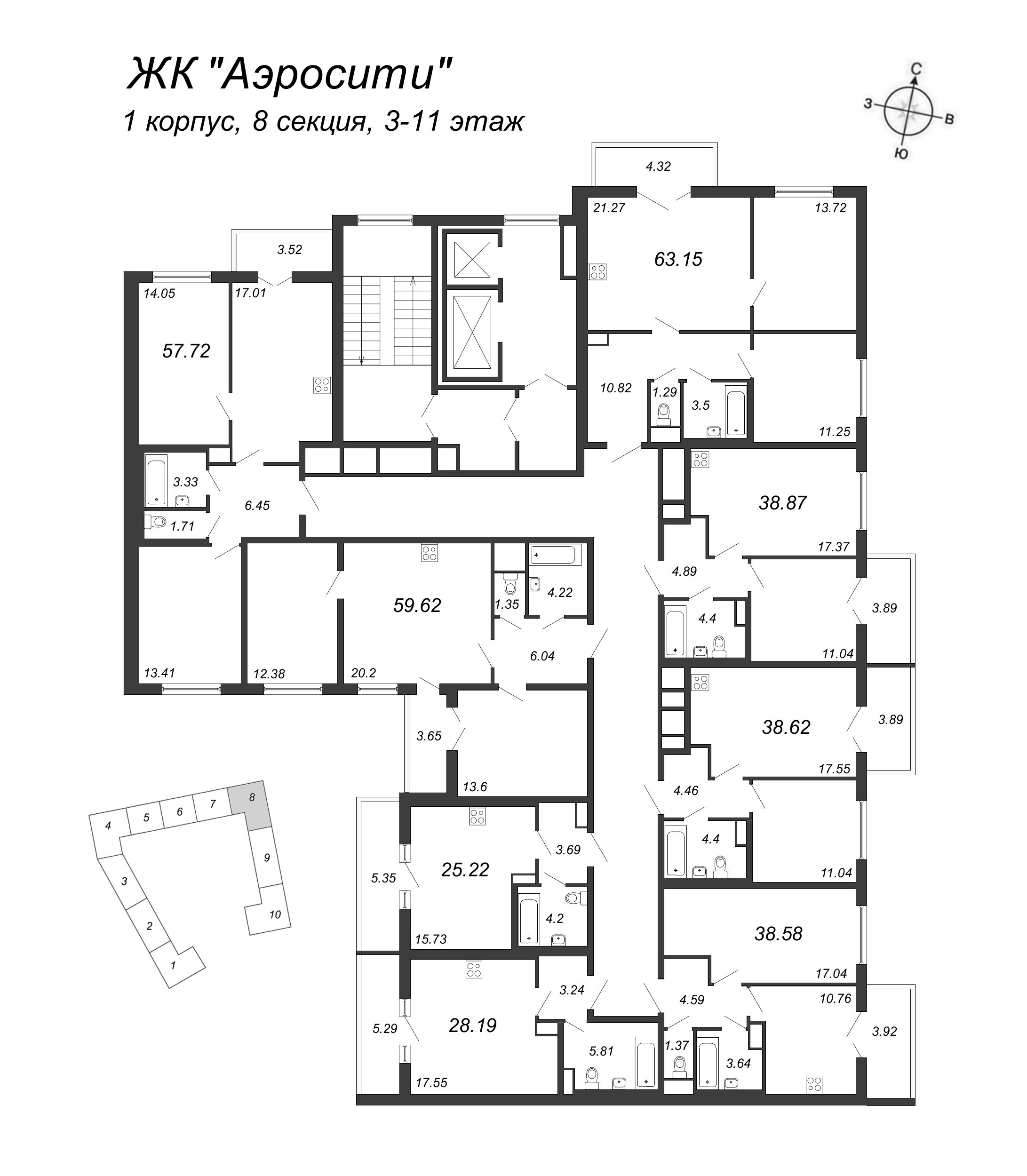 3-комнатная (Евро) квартира, 62.8 м² - планировка этажа