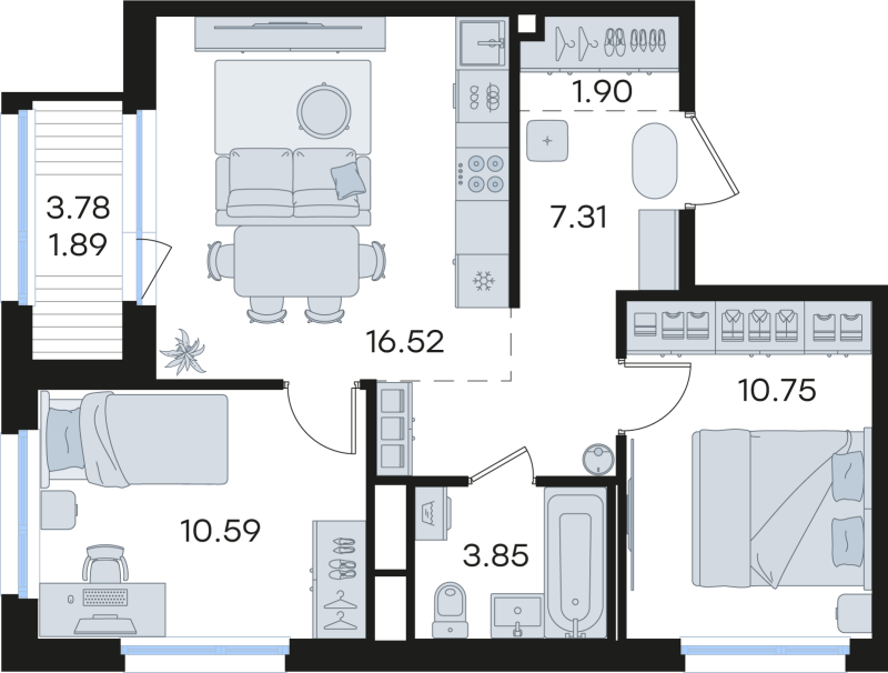 3-комнатная (Евро) квартира, 52.81 м² в ЖК "Парголово" - планировка, фото №1