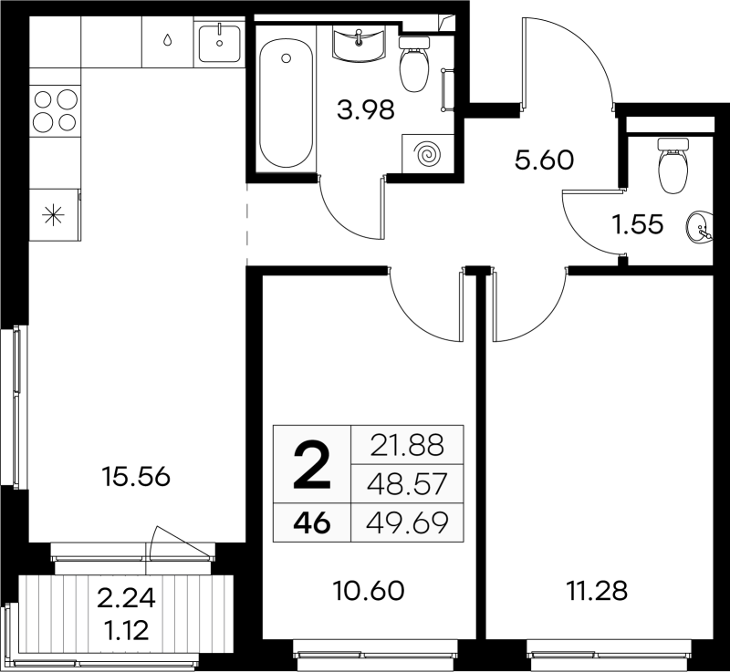 3-комнатная (Евро) квартира, 49.69 м² в ЖК "GloraX Новоселье" - планировка, фото №1
