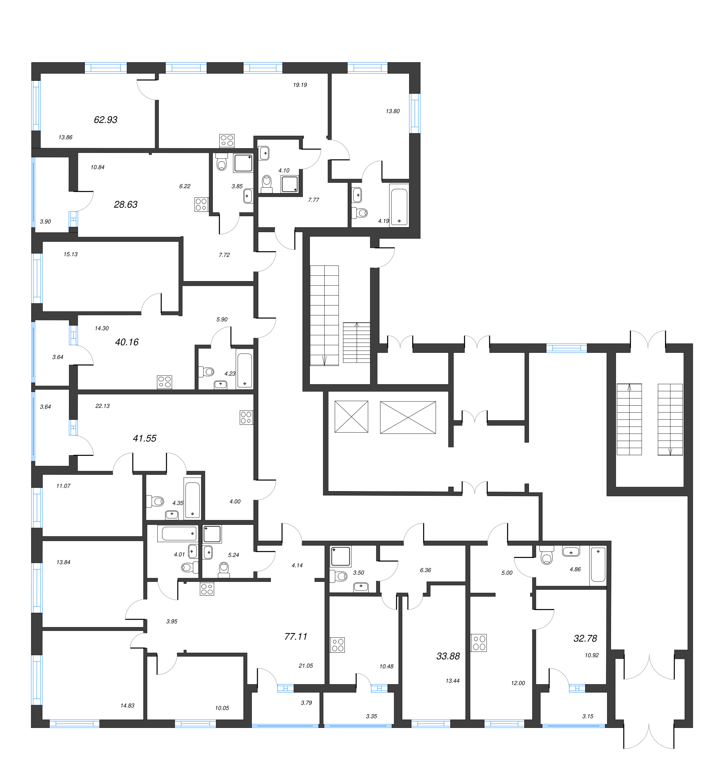 4-комнатная (Евро) квартира, 77.11 м² - планировка этажа