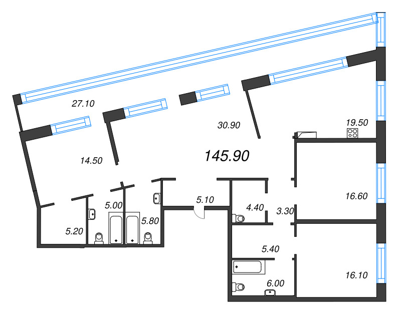 5-комнатная (Евро) квартира, 145.9 м² - планировка, фото №1