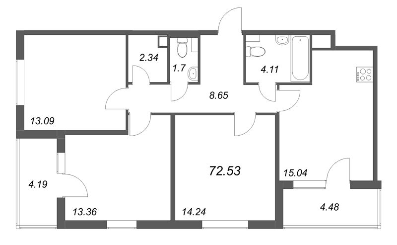 4-комнатная (Евро) квартира, 72.53 м² в ЖК "Любоград" - планировка, фото №1