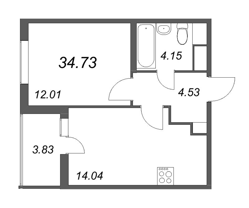1-комнатная квартира, 34.73 м² - планировка, фото №1