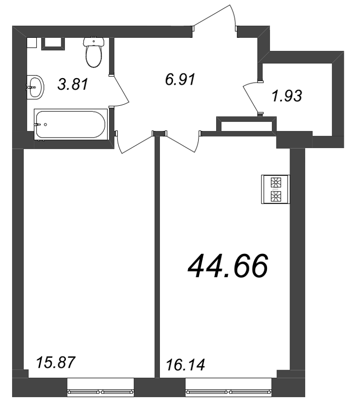 2-комнатная (Евро) квартира, 44.66 м² - планировка, фото №1