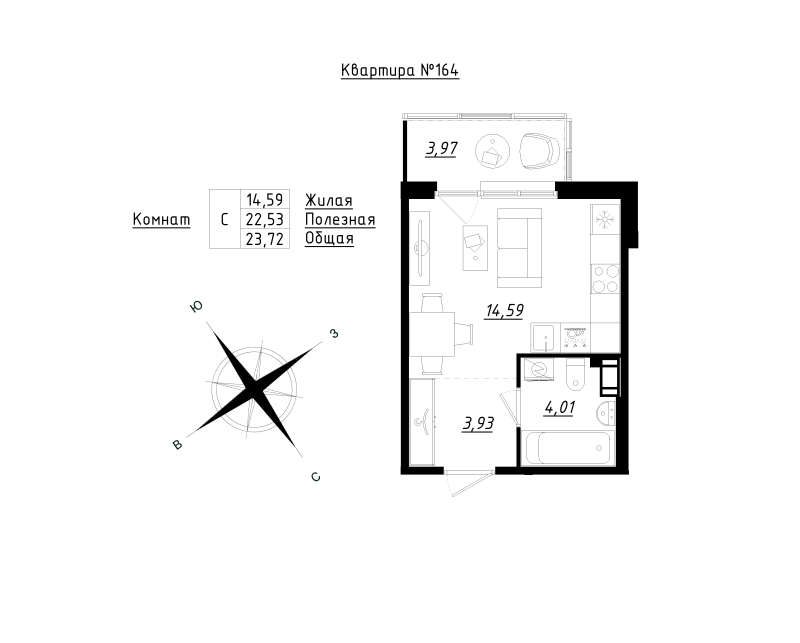 Квартира-студия, 23.72 м² - планировка, фото №1