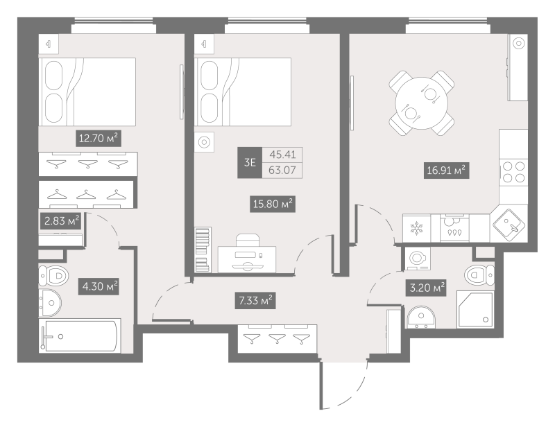 2-комнатная квартира, 63.07 м² в ЖК "Zoom на Неве" - планировка, фото №1