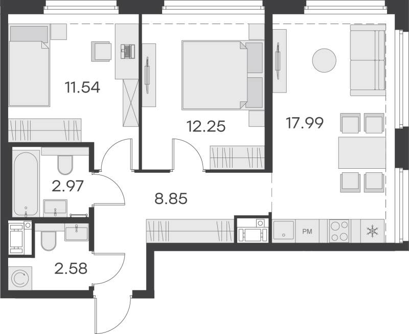 3-комнатная (Евро) квартира, 56.18 м² в ЖК "GloraX Василеостровский" - планировка, фото №1