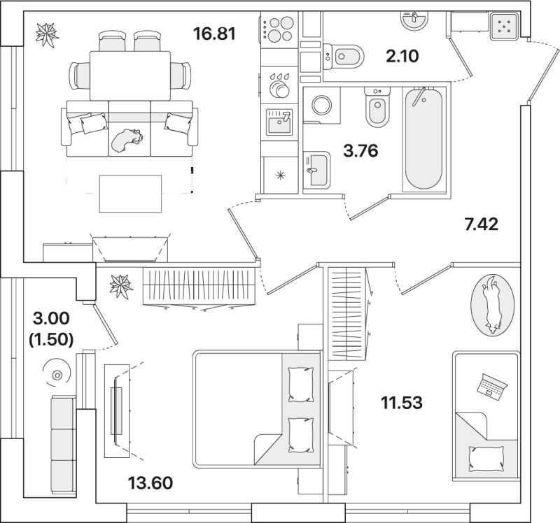 3-комнатная (Евро) квартира, 56.72 м² - планировка, фото №1