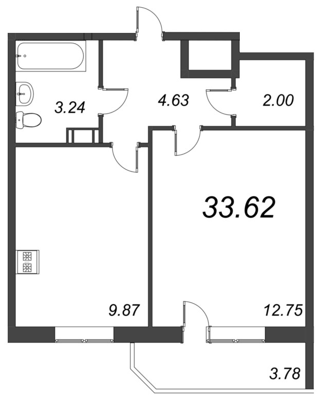 1-комнатная квартира, 33.62 м² - планировка, фото №1