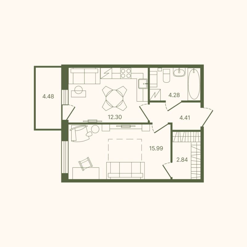1-комнатная квартира, 41.15 м² в ЖК "Рауни" - планировка, фото №1