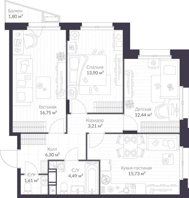 4-комнатная (Евро) квартира, 74.97 м² - планировка, фото №1