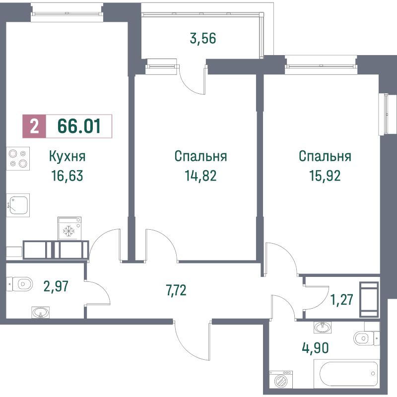 3-комнатная (Евро) квартира, 66.01 м² - планировка, фото №1