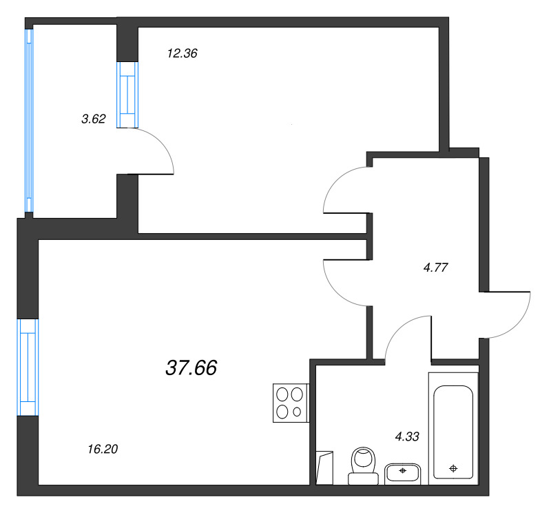 2-комнатная (Евро) квартира, 37.66 м² - планировка, фото №1