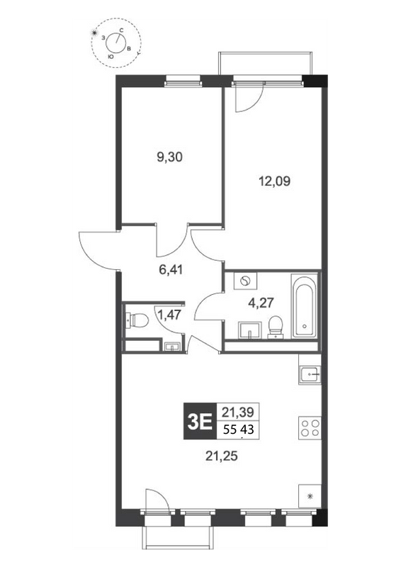 3-комнатная (Евро) квартира, 55.43 м² в ЖК "Слобода" - планировка, фото №1