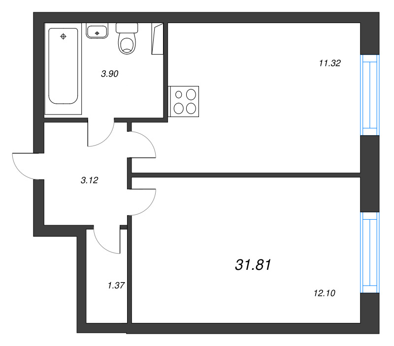 1-комнатная квартира, 31.81 м² - планировка, фото №1