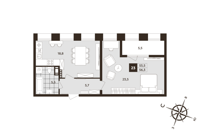 2-комнатная (Евро) квартира, 53.5 м² в ЖК "Дом на Бронницкой" - планировка, фото №1