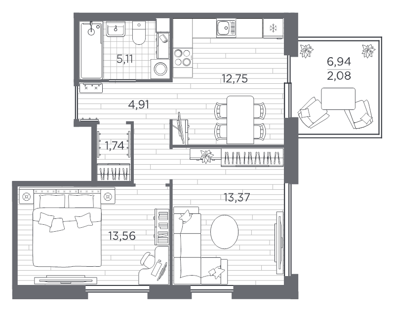 2-комнатная квартира, 53.52 м² в ЖК "PLUS Пулковский" - планировка, фото №1