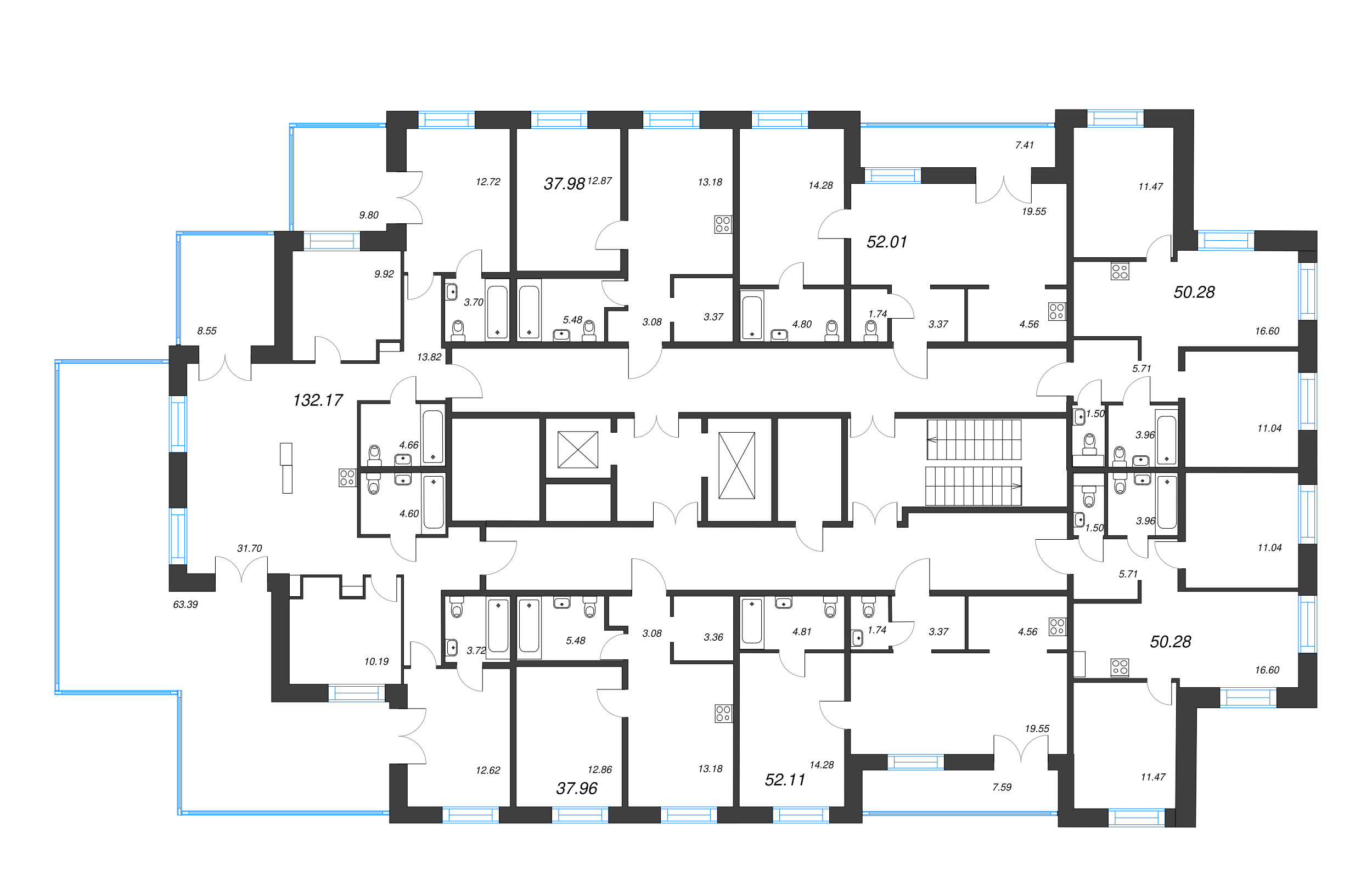 2-комнатная (Евро) квартира, 52.01 м² в ЖК "Alpen" - планировка этажа