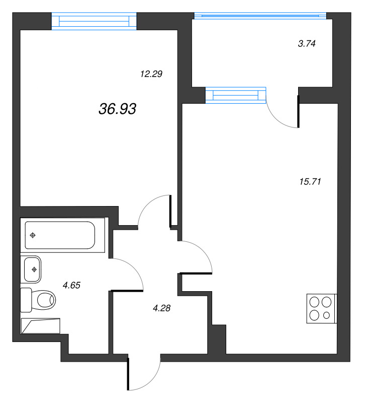 2-комнатная (Евро) квартира, 36.93 м² в ЖК "ЮгТаун" - планировка, фото №1