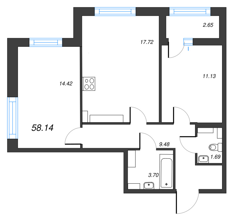 3-комнатная (Евро) квартира, 58.14 м² - планировка, фото №1