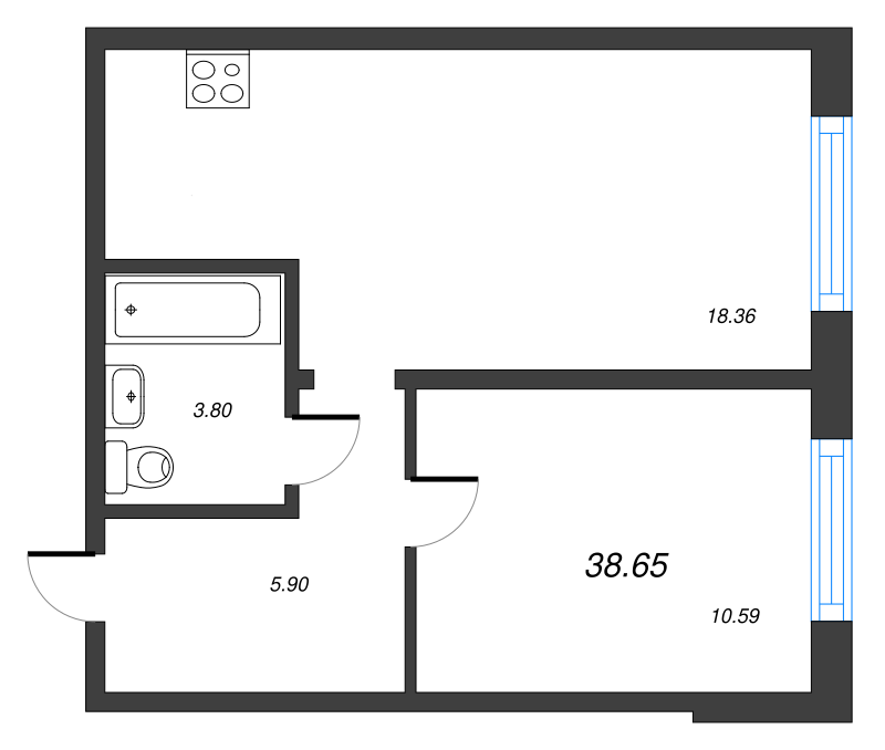 2-комнатная (Евро) квартира, 38.65 м² - планировка, фото №1