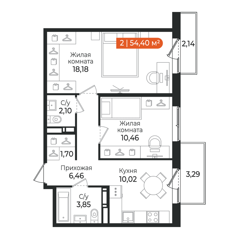 2-комнатная квартира, 54.4 м² в ЖК "Алгоритм Квинта" - планировка, фото №1