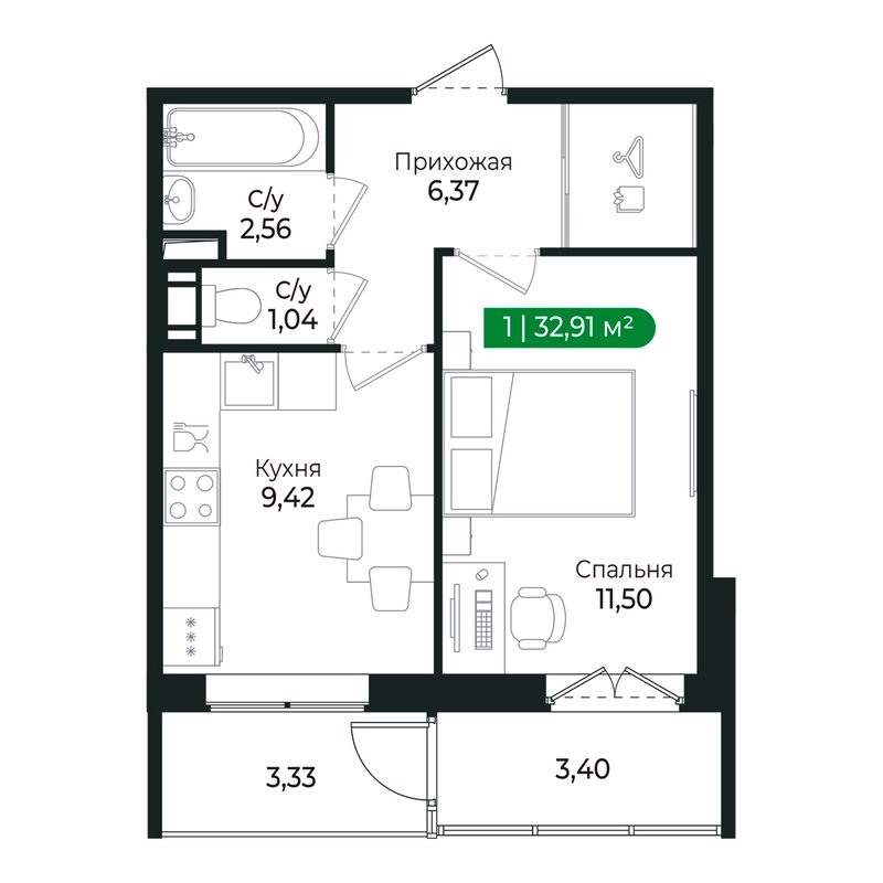 1-комнатная квартира, 30.6 м² в ЖК "Сертолово Парк" - планировка, фото №1